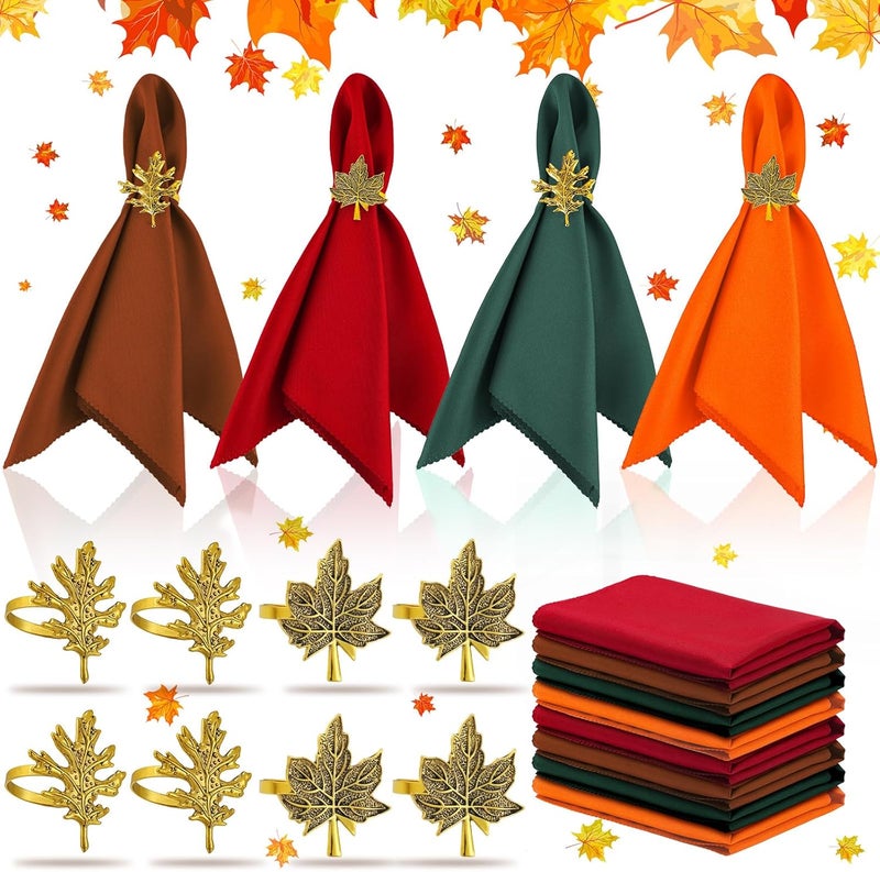 eBoot 16 Pcs Fall Thanksgiving Napkin Ring Set 8 Pcs Napkin Rings and 8 Pcs Washable Thanksgiving Dinner Napkins for Fall Party Holiday Kitchen Table Decoration for Autumn Party Supplies(Maple) - Image 1