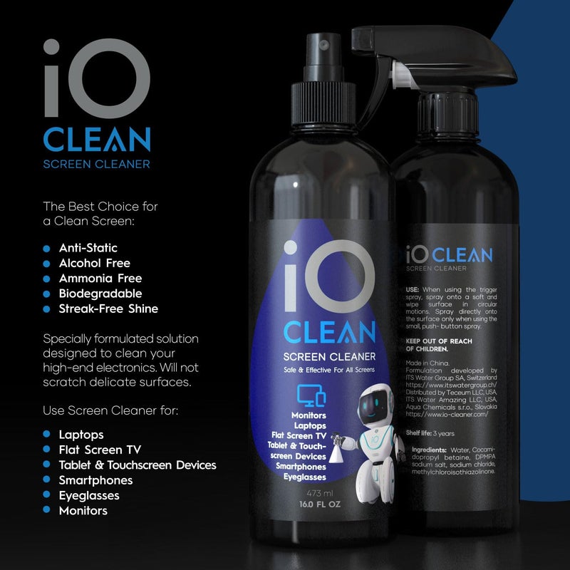 iO CLEAN Screen Cleaner Spray (16oz - 473ml) â€“ Best Large Cleaning Kit for LCD LED OLED TV, Smartphone, iPad, Laptop, Touchscreen, Computer Monitor, Electronic Devices, 3 Microfiber Cloths and 2 Nozzles - Image 2