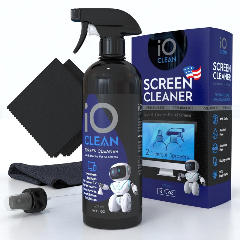 iO CLEAN Screen Cleaner Spray (16oz - 473ml) â€“ Best Large Cleaning Kit for LCD LED OLED TV, Smartphone, iPad, Laptop, Touchscreen, Computer Monitor, Electronic Devices, 3 Microfiber Cloths and 2 Nozzles - Image 1