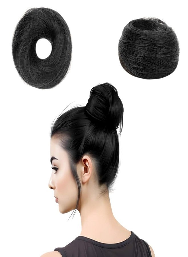 بلوشيا ربطات شعر من شعر بشري طبيعي من BLUSHIA - ربطة شعر فوضوية على شكل كعكة جودا - ربطات شعر دائرية مع شريط مطاطي مرن - أسود (عبوة من قطعة واحدة) - Image 1