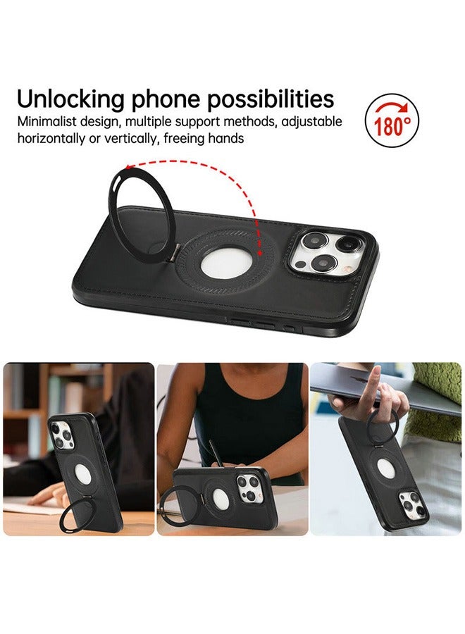 مانجي جراب مغناطيسي لآيفون 15 برو ماكس جلدي، حامل غير مرئي دوران 180 درجة، غطاء حامل معدني مغناطيسي قابل للطي (أسود) - Image 4