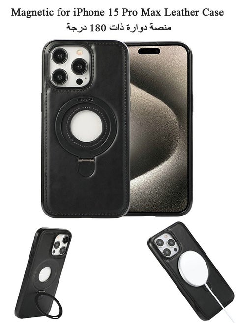 Magnetic for iPhone 15 Pro Max Leather Case, 180° Rotation Invisible Stand, Metal Magnetic Folding Stand Cover (Black)