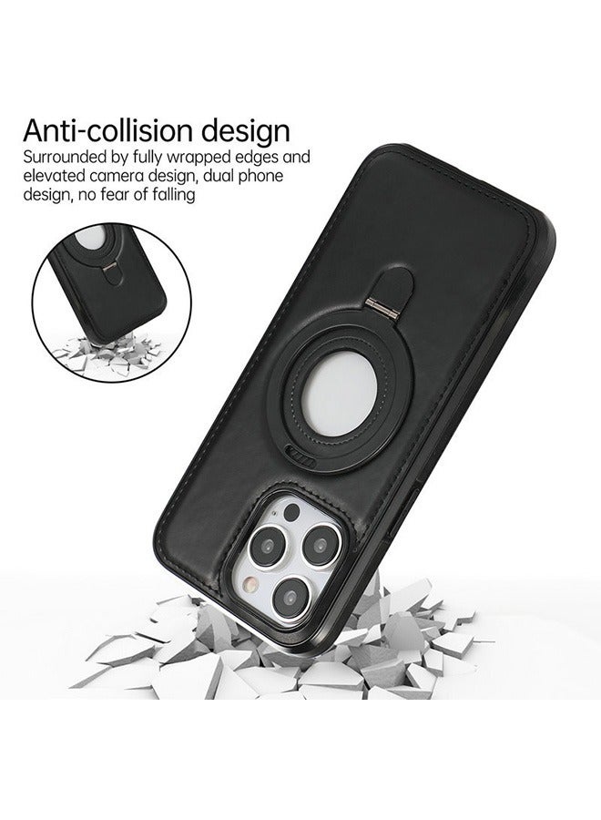 مانجي جراب مغناطيسي لآيفون 15 برو ماكس جلدي، حامل غير مرئي دوران 180 درجة، غطاء حامل معدني مغناطيسي قابل للطي (أسود) - Image 3