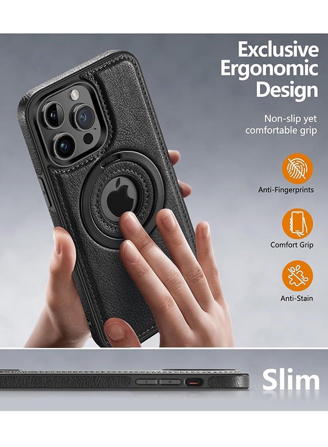 مانجي جراب مغناطيسي لآيفون 15 برو ماكس جلدي، حامل غير مرئي دوران 180 درجة، غطاء حامل معدني مغناطيسي قابل للطي (أسود) - Image 2