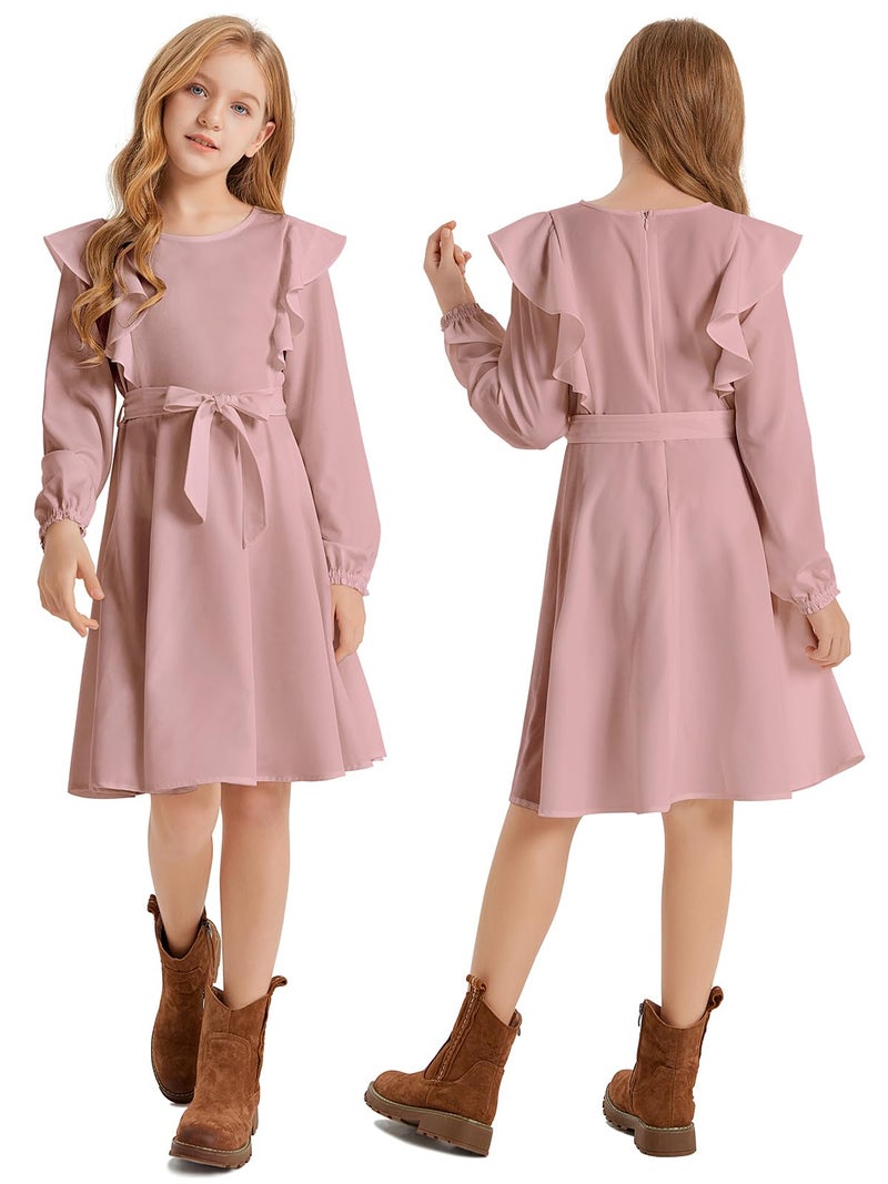 Quedoris Girls Ruffle Trim Long Sleeve Belted Dress with Zipper Grey Pink Fall 150Y - Image 4