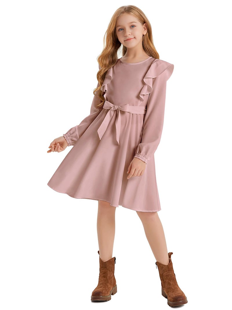 Quedoris Girls Ruffle Trim Long Sleeve Belted Dress with Zipper Grey Pink Fall 150Y - Image 2