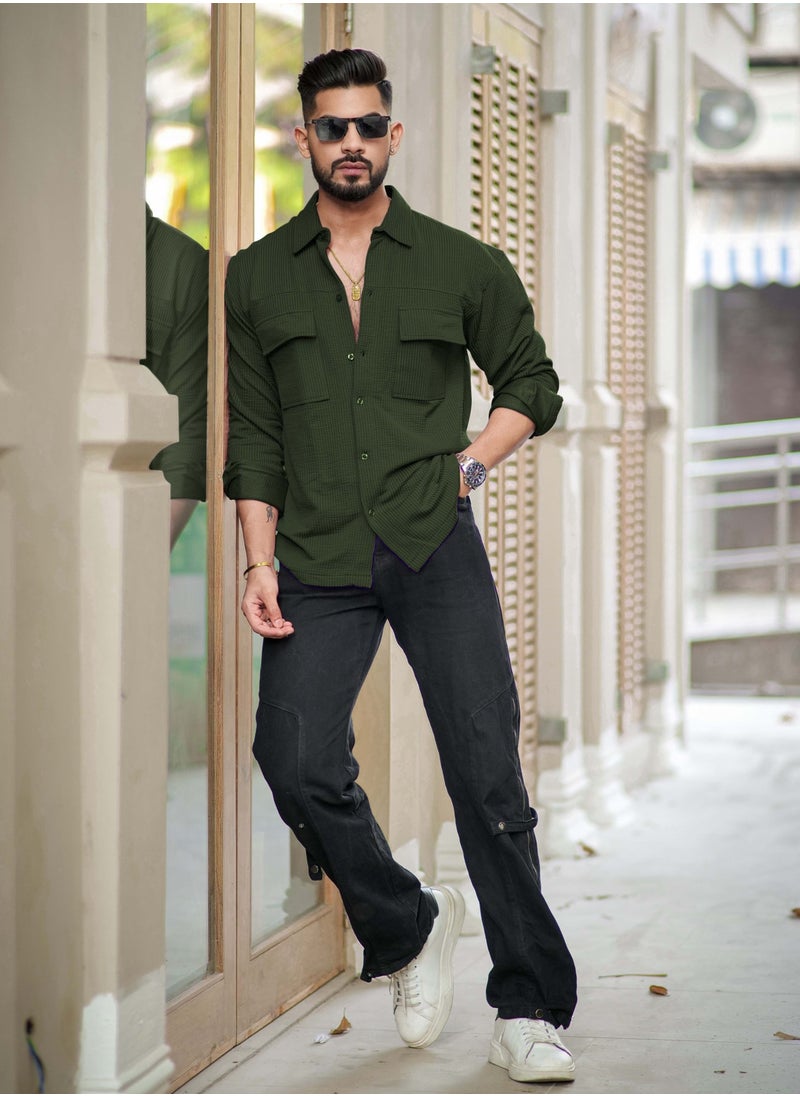 Maniac Maniac Mens Solid 2 Pockets collared Neck Full Sleeve Olive Oversized Cotton Shirt  - Image 3