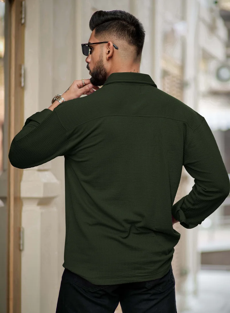 Maniac Maniac Mens Solid 2 Pockets collared Neck Full Sleeve Olive Oversized Cotton Shirt