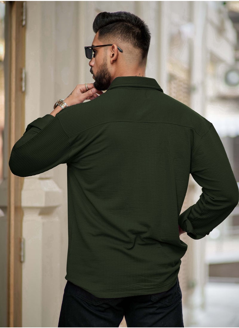 Maniac Maniac Mens Solid 2 Pockets collared Neck Full Sleeve Olive Oversized Cotton Shirt  - Image 1