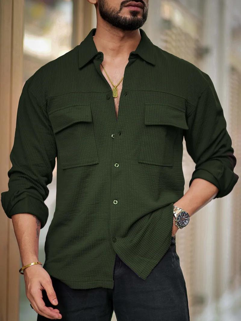 Maniac Maniac Mens Solid 2 Pockets collared Neck Full Sleeve Olive Oversized Cotton Shirt