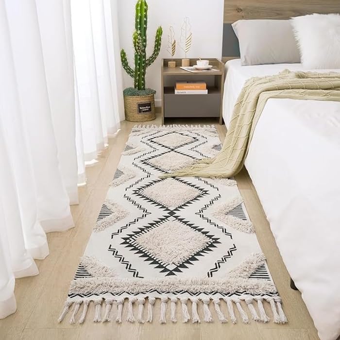 zeff Zeff Hand Woven Tufted 100 Natural Cotton Export Quality Designer RugCarpet Bed Side Runner with Tassels for BedroomLiving Room White and Black Design A 2x5 Feet  - Image 1