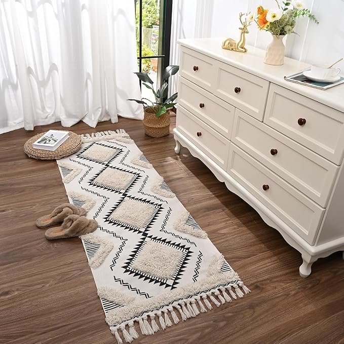 zeff Zeff Hand Woven Tufted 100 Natural Cotton Export Quality Designer RugCarpet Bed Side Runner with Tassels for BedroomLiving Room White and Black Design A 2x5 Feet  - Image 2