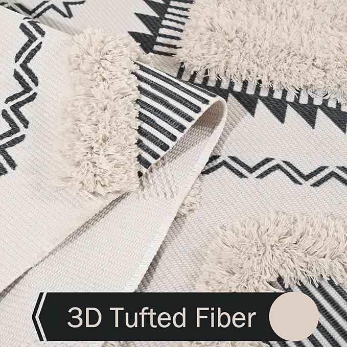 zeff Zeff Hand Woven Tufted 100 Natural Cotton Export Quality Designer RugCarpet Bed Side Runner with Tassels for BedroomLiving Room White and Black Design A 2x5 Feet  - Image 5