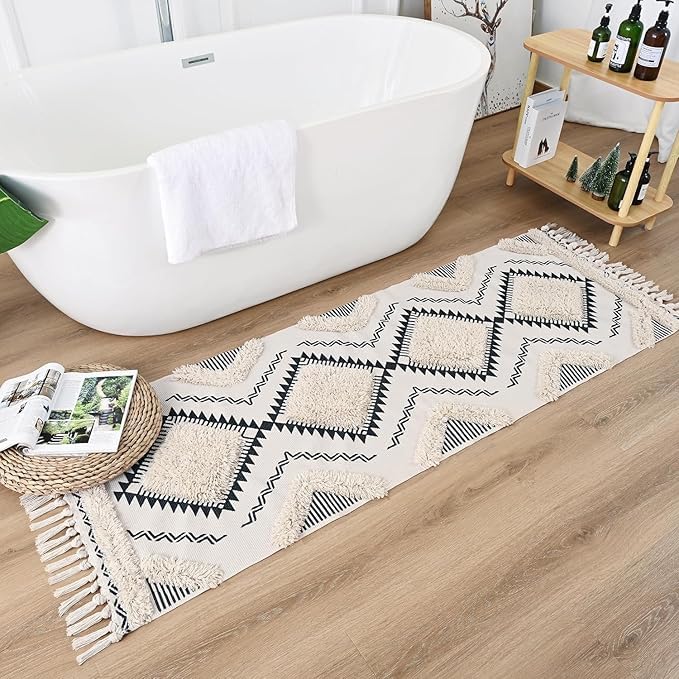 zeff Zeff Hand Woven Tufted 100 Natural Cotton Export Quality Designer RugCarpet Bed Side Runner with Tassels for BedroomLiving Room White and Black Design A 2x5 Feet  - Image 4