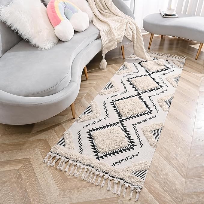 zeff Zeff Hand Woven Tufted 100 Natural Cotton Export Quality Designer RugCarpet Bed Side Runner with Tassels for BedroomLiving Room White and Black Design A 2x5 Feet  - Image 3