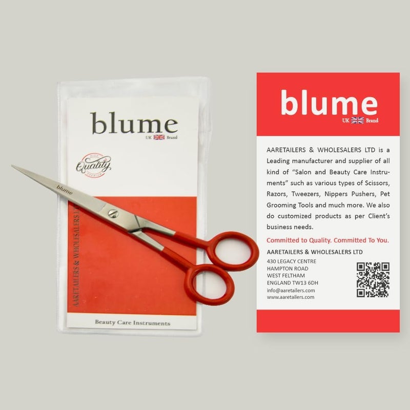 بلومي مقصات Blume من الفولاذ المقاوم للصدأ، مناسبة لقص الشعر للرجال والنساء والأطفال؛ مزودة بمقبض من البولي فينيل كلوريد (PVC) بلون أحمر. - Image 5