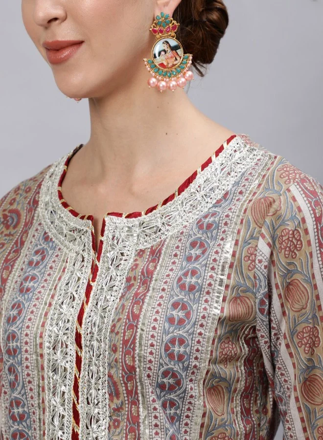 آي شين Women's Multicolour 100% Cotton Printed Straight Fit Kurta Set