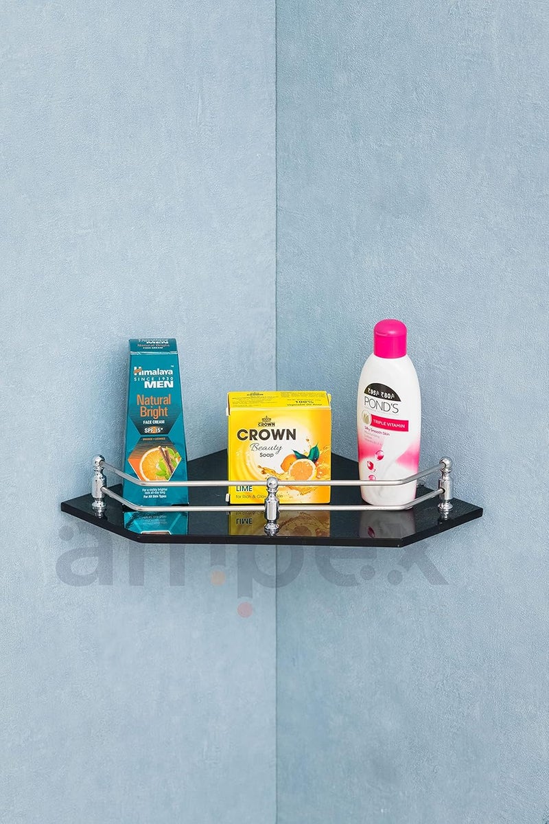 AMPEX Dimond Black Glass Corner Shelf for Bathroom and Kitchen Accesories/Wall Shelf/Storage Shelf/Shelves/Wall Mount Stand for Home Decore (9x9 Inches,Flower Black Glass Corner Shelf-1pcs) - Image 1