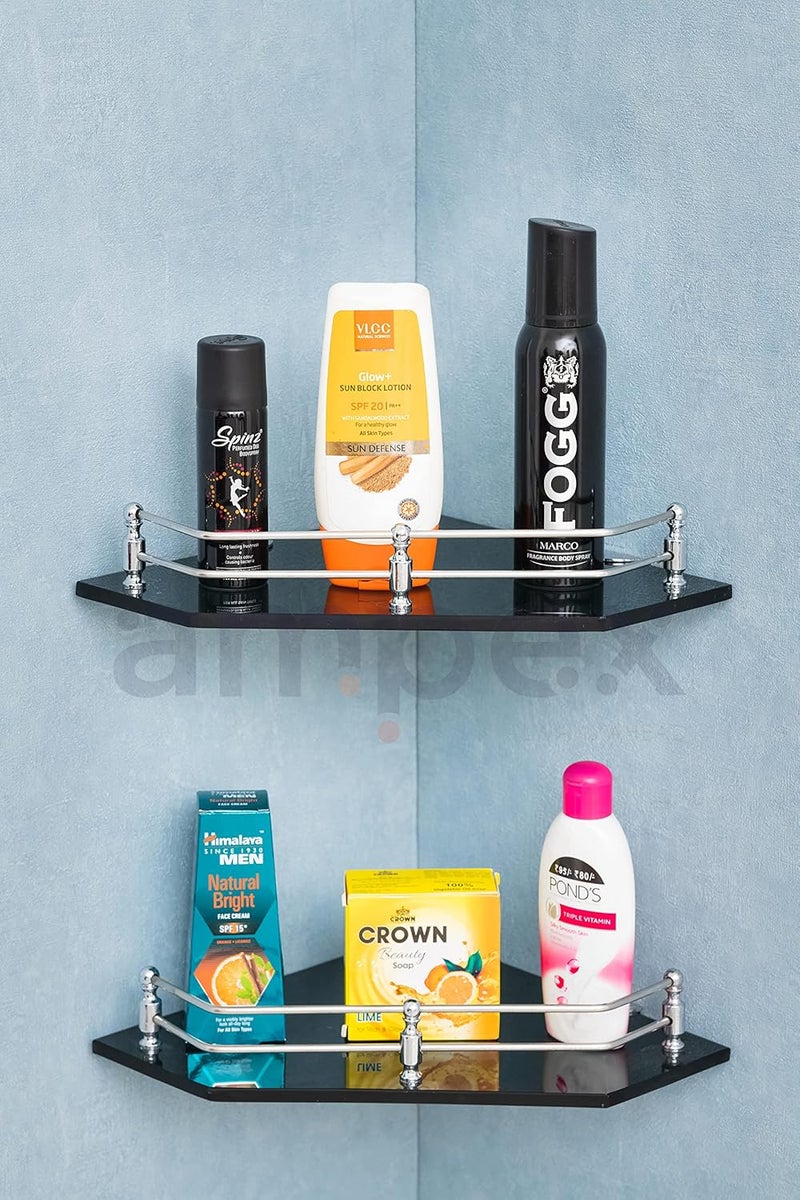 AMPEX Dimond Black Glass Corner Shelf for Bathroom and Kitchen Accesories/Wall Shelf/Storage Shelf/Shelves/Wall Mount Stand for Home Decore (9x9 Inches,Flower Black Glass Corner Shelf-1pcs) - Image 3