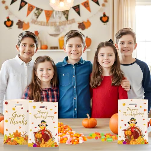 PERFQU 40 Pcs Thanksgiving Gift Bags Happy Thanks giving Goodie Bags Plastic Fall Maple Leaves Pumpkin Give Thanks Turkey Treat Candy Favor Tote Bags with Handles for Autumn Thanksgiving Party Favors Bulk - Image 5