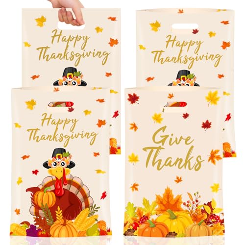 PERFQU 40 Pcs Thanksgiving Gift Bags Happy Thanks giving Goodie Bags Plastic Fall Maple Leaves Pumpkin Give Thanks Turkey Treat Candy Favor Tote Bags with Handles for Autumn Thanksgiving Party Favors Bulk - Image 2