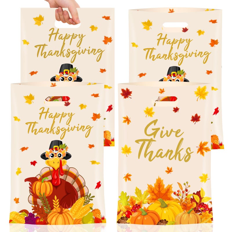 PERFQU 40 Pcs Thanksgiving Gift Bags Happy Thanks giving Goodie Bags Plastic Fall Maple Leaves Pumpkin Give Thanks Turkey Treat Candy Favor Tote Bags with Handles for Autumn Thanksgiving Party Favors Bulk - Image 3