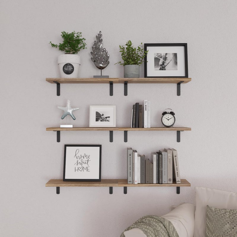 WOPITUES Wood Floating Shelves Set of 6, Shelves for Wall Decor, Farmhouse Shelf for Bedroom, Bathroom Storage Shelves, Book Shelves for Living Room - Rustic Brown - Image 5