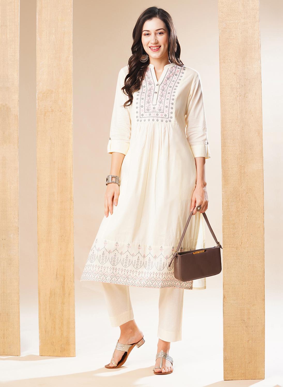 Globus Women's Off White Embroidered Yoke Straight Kurta Set with Pants