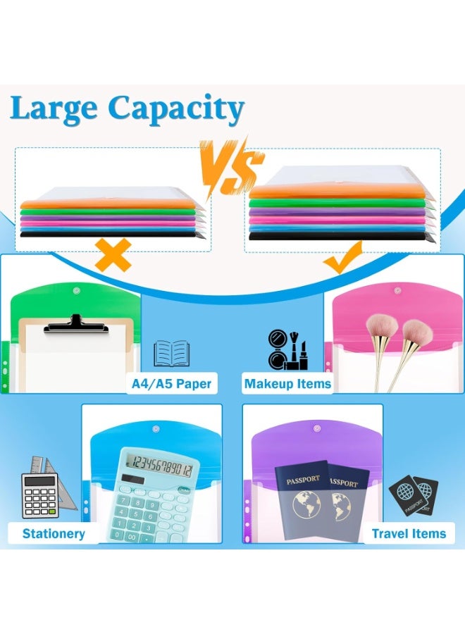 FAYET 12-Pack Expandable Binder Pockets, A4 Clear Plastic Document Organizer Sleeves with Snap Button and Label Tabs, 11-Hole Punched Multi-Color File Folders for School Office Home - Image 5