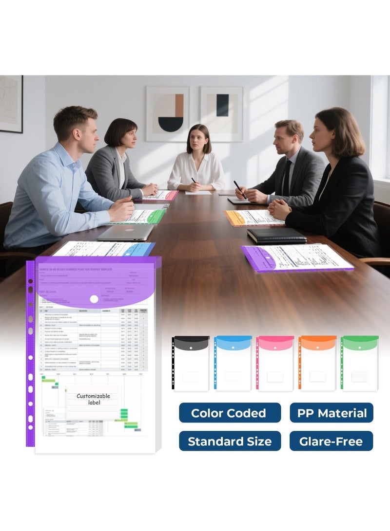 FAYET 12-Pack Expandable Binder Pockets, A4 Clear Plastic Document Organizer Sleeves with Snap Button and Label Tabs, 11-Hole Punched Multi-Color File Folders for School Office Home - Image 3