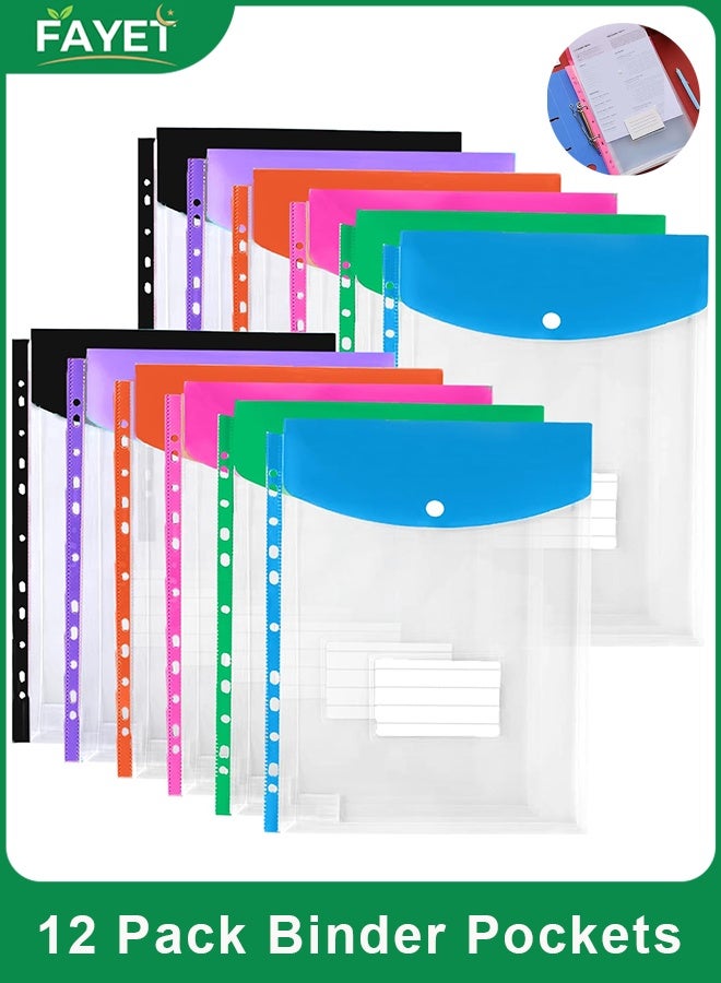 FAYET 12-Pack Expandable Binder Pockets, A4 Clear Plastic Document Organizer Sleeves with Snap Button and Label Tabs, 11-Hole Punched Multi-Color File Folders for School Office Home - Image 1