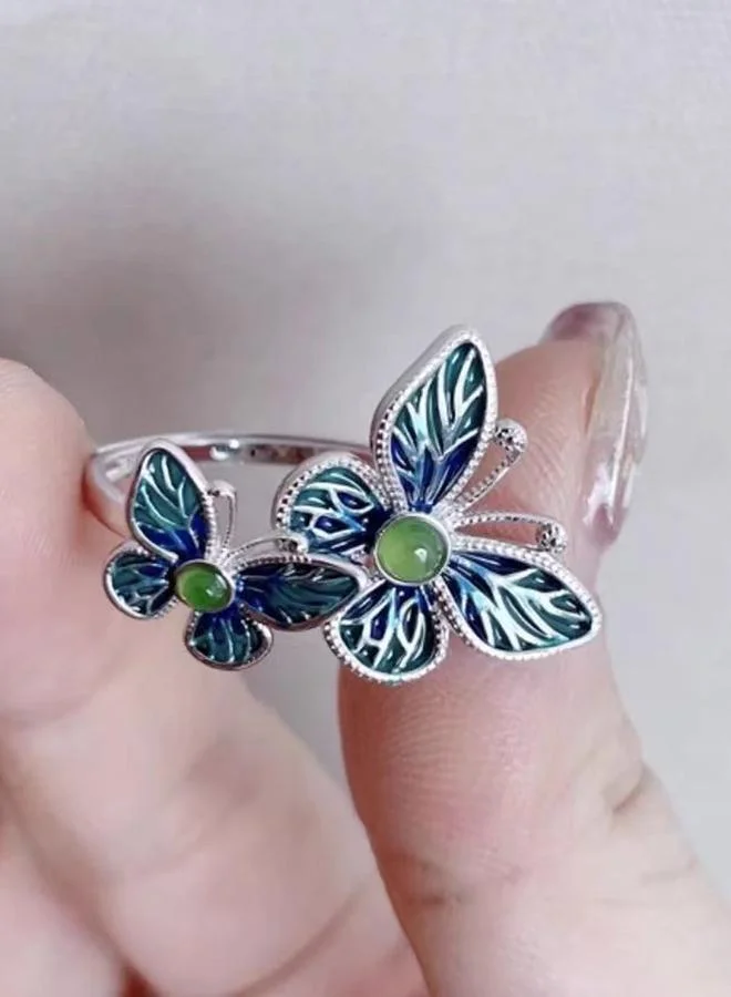 Take Two Silver Tone Butterfly Ring with Green Stone