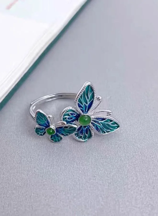 Take Two Silver Tone Butterfly Ring with Green Stone