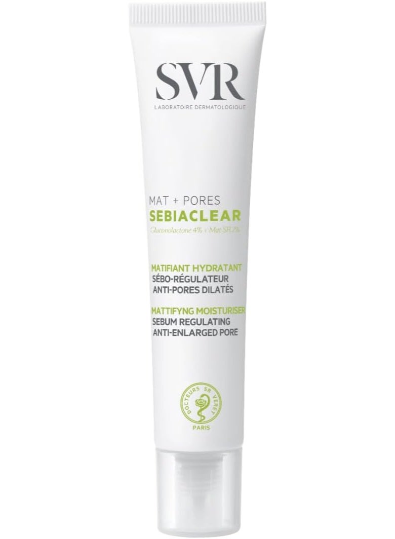 SVR SEBIACLEAR Mat+Pores Mattifying Face Fluid for Oily, Combination Skin, 4% Niacinamide and 4% Gluconalactone Non-Comedogenic Moistiriser to Control Shine, Tighten Pores, 40ml