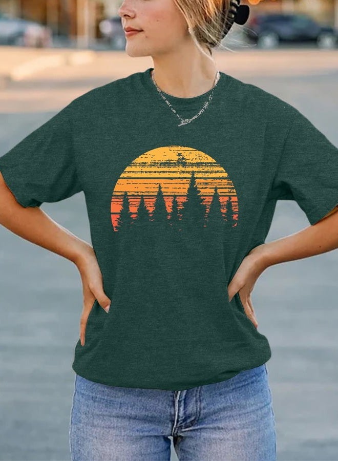 GEMLON Sunset Pine Tree Tshirt Women Camping Tshirt Retro Sun Print Graphic Tee Casual Short Sleeve Top - Image 3