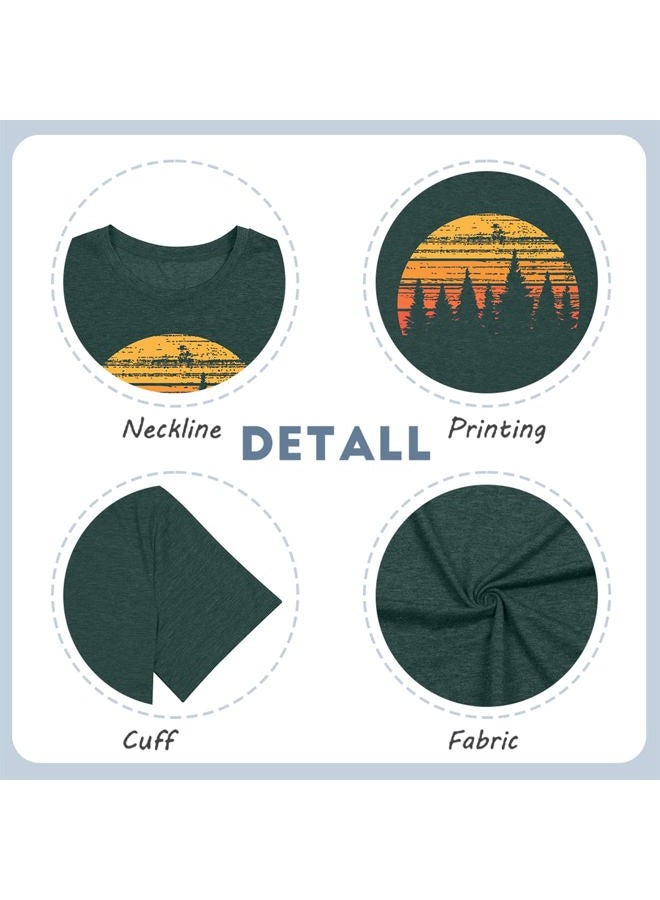 GEMLON Sunset Pine Tree Tshirt Women Camping Tshirt Retro Sun Print Graphic Tee Casual Short Sleeve Top - Image 4