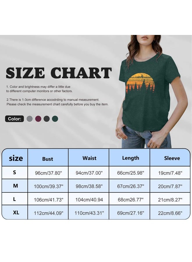 GEMLON Sunset Pine Tree Tshirt Women Camping Tshirt Retro Sun Print Graphic Tee Casual Short Sleeve Top - Image 5