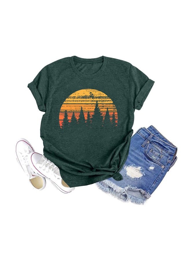 GEMLON Sunset Pine Tree Tshirt Women Camping Tshirt Retro Sun Print Graphic Tee Casual Short Sleeve Top - Image 1