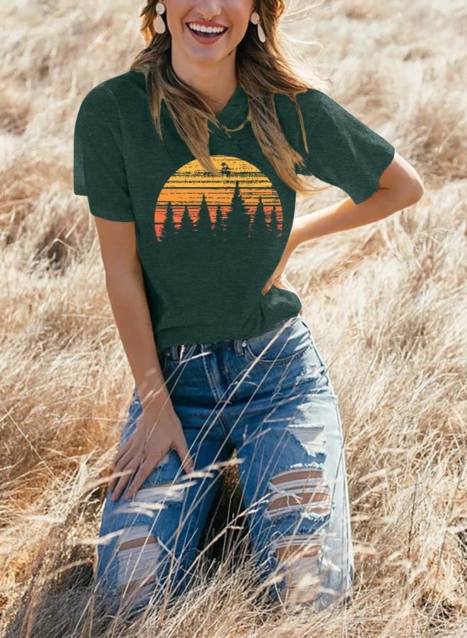 GEMLON Sunset Pine Tree Tshirt Women Camping Tshirt Retro Sun Print Graphic Tee Casual Short Sleeve Top - Image 2