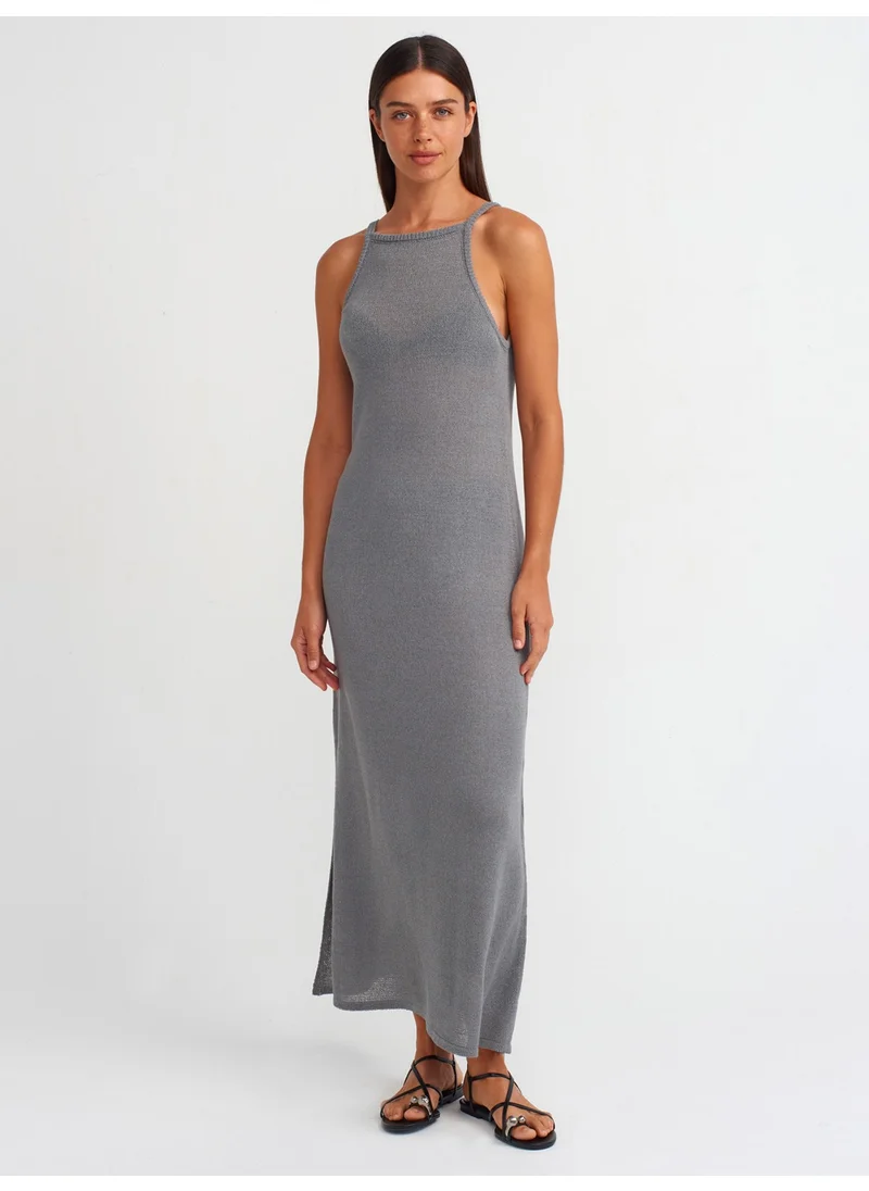 ديلفين 90219 Halter Neck Side Slit Knit Dress-Gray