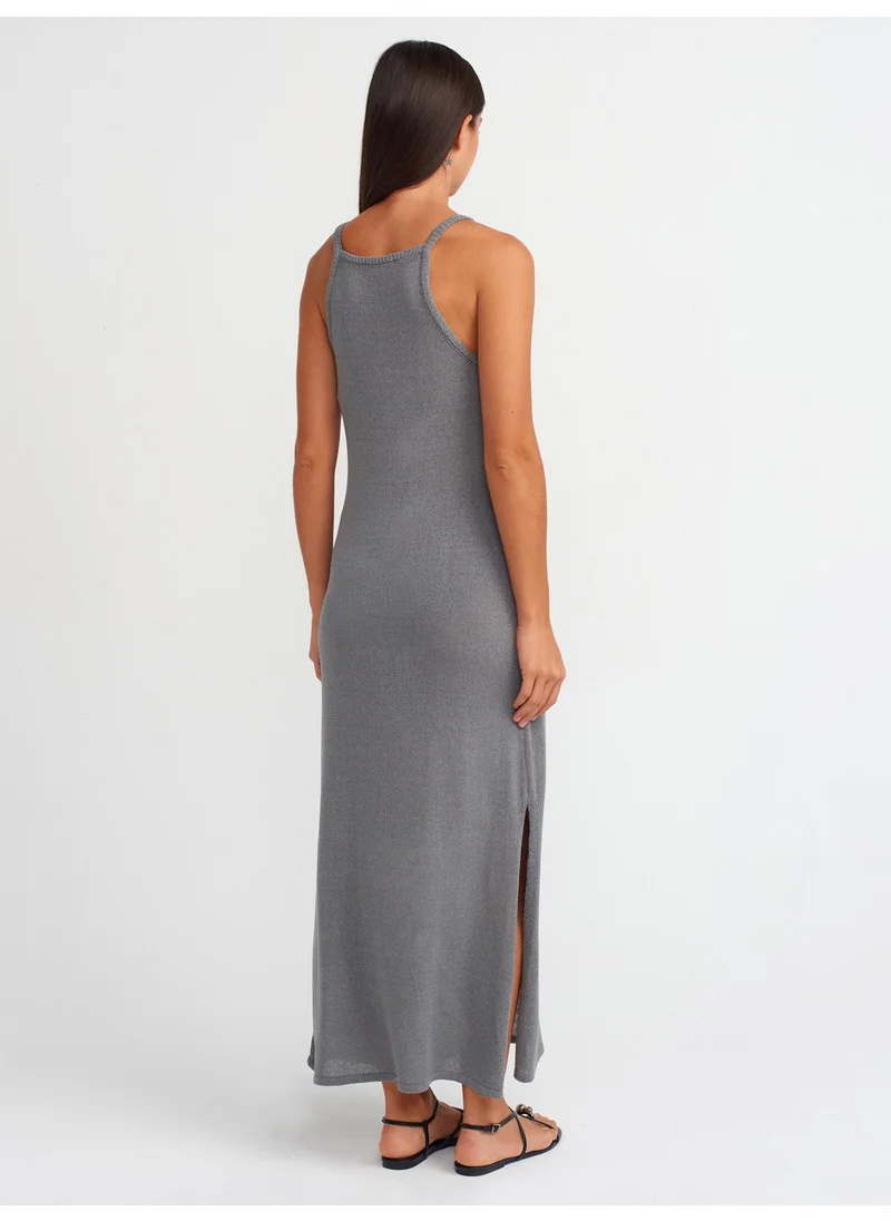 Dilvin 90219 Halter Neck Side Slit Knit Dress-Gray