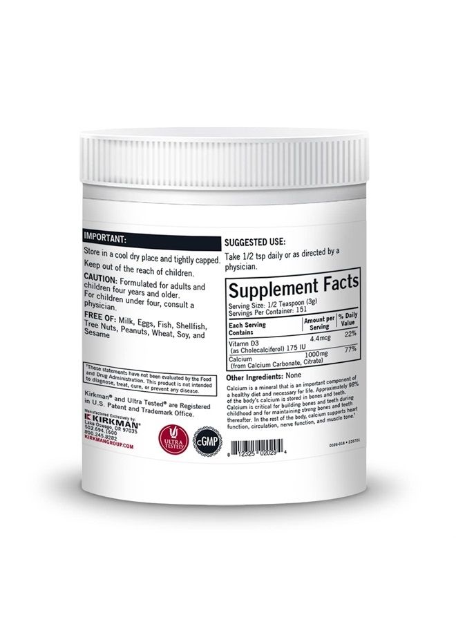 Kirkman – Purest Calcium with Vitamin D-3 –– 454 gm– 16 oz Powder - Unflavored - Hypoallergenic –– Minerals –– Gluten & Casein Free –– Tested for More Than 950 Environmental Contaminants - Image 2