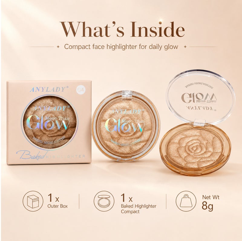 Me Now Baked Highlighter Powder More Than Glow Rose Embossed Face Illuminator, Fine Shimmer Compact Champagne Glow 04 - Image 2