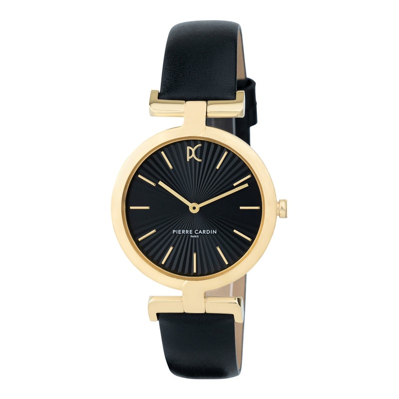 PIERRE CARDIN Women's Watch with Gold Stainless Steel Case and Black Leather Band - Image 1