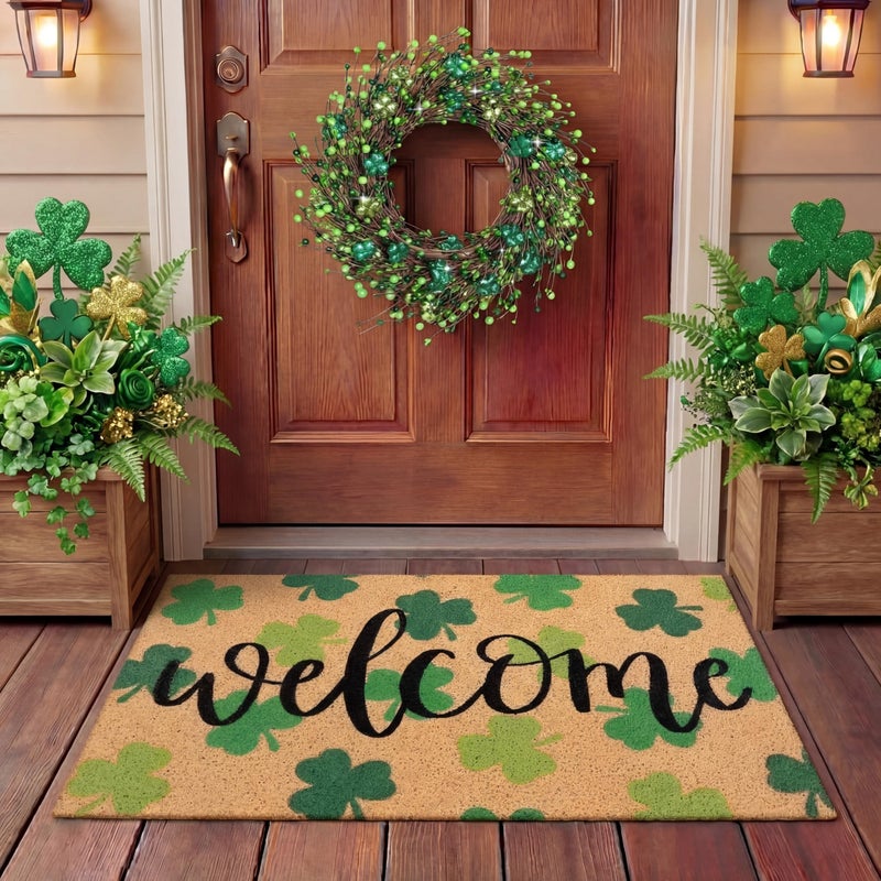 Tingjoo 2 Pcs St Patricks Day Coir Door Mat and Shamrock Wreath for Front Door Green Shamrock Welcome Doormat Irish St Patricks Day Decorations for Front Porch Entryway Decor - Image 2