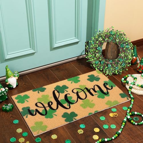 Tingjoo 2 Pcs St Patricks Day Coir Door Mat and Shamrock Wreath for Front Door Green Shamrock Welcome Doormat Irish St Patricks Day Decorations for Front Porch Entryway Decor - Image 3
