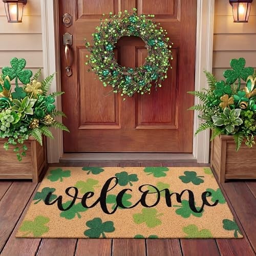 Tingjoo 2 Pcs St Patricks Day Coir Door Mat and Shamrock Wreath for Front Door Green Shamrock Welcome Doormat Irish St Patricks Day Decorations for Front Porch Entryway Decor - Image 1