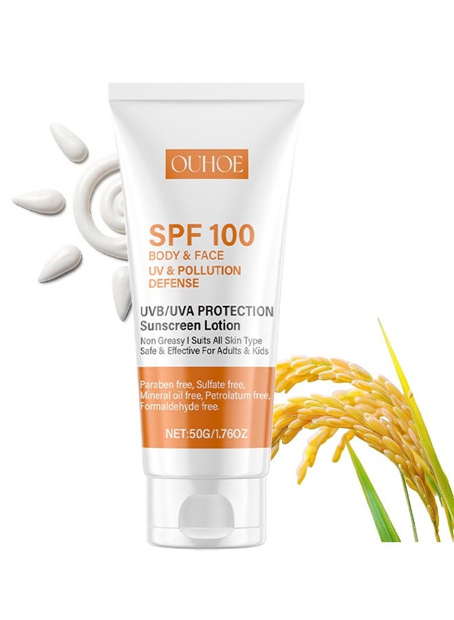 Sunscreen SPF 100 Face Sunscreen, Antioxidant-Infused Sunscreen, UVB/UVA Protection Sunscreen Lotion, Travel Size Sunblock, Oil Free Facial Sun Screen, Sun Screen Protector For Face & Body, Non-Greasy,No White Cast Waterproof Sunscreen Lotion, 50g
