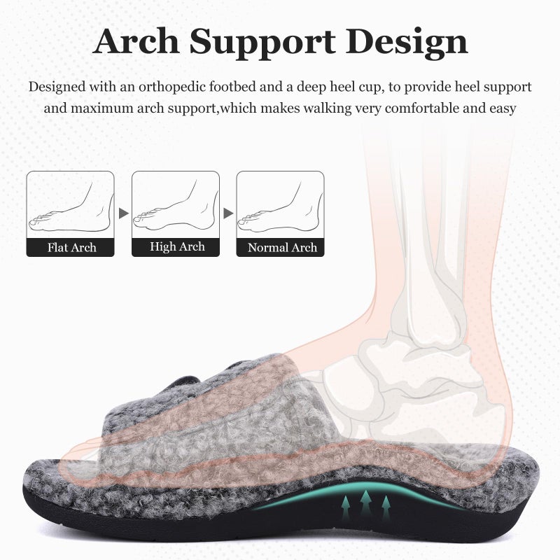 ERGOfoot Fuzzy House Slippers with Arch Support for Women Men, Orthopedic Slide Slippers for Plantar Fasciitis Open Toe Indoor House Shoes with Adjustable Straps, Foot Pain Relief/Dark Grey - Image 3