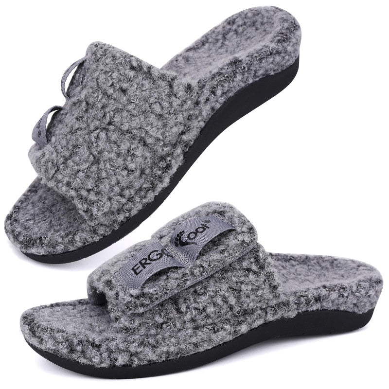 ERGOfoot Fuzzy House Slippers with Arch Support for Women Men, Orthopedic Slide Slippers for Plantar Fasciitis Open Toe Indoor House Shoes with Adjustable Straps, Foot Pain Relief/Dark Grey - Image 1